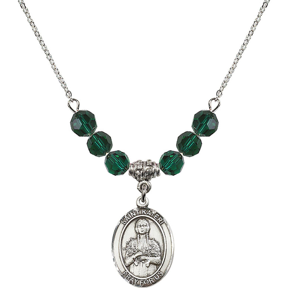 Sterling Silver Saint Kateri Tekakwitha Birthstone Necklace with Emerald Beads - 8061