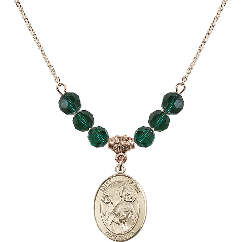 14kt Gold Filled Saint Kevin Birthstone Necklace with Emerald Beads - 8062