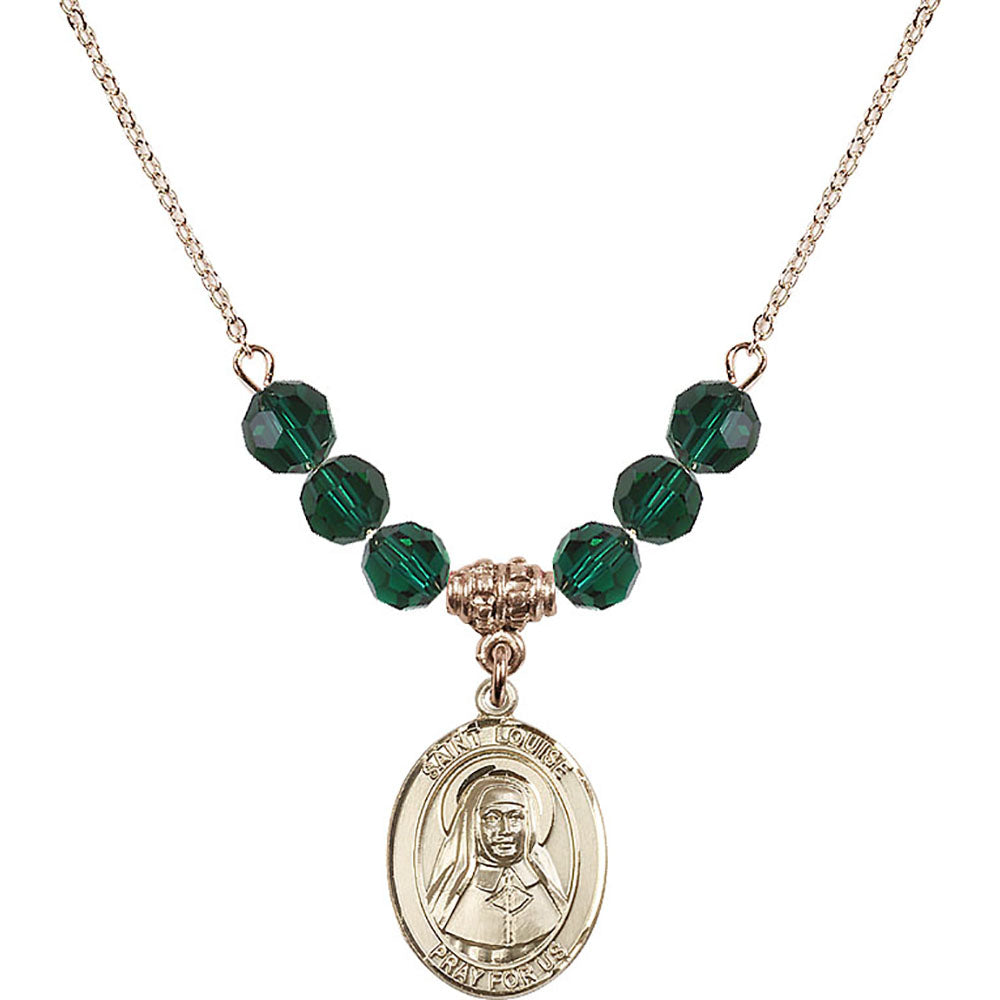 14kt Gold Filled Saint Louise de Marillac Birthstone Necklace with Emerald Beads - 8064