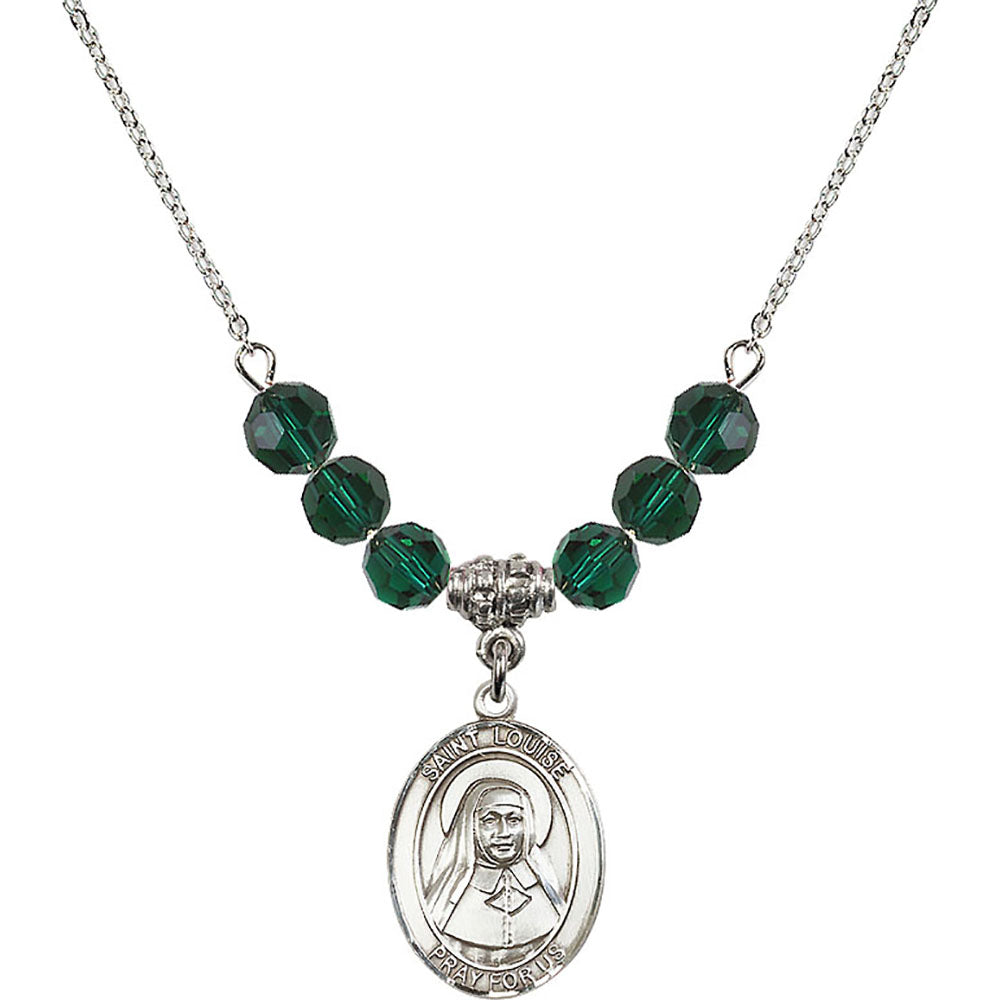 Sterling Silver Saint Louise de Marillac Birthstone Necklace with Emerald Beads - 8064