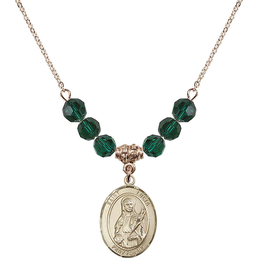 14kt Gold Filled Saint Lucia of Syracuse Birthstone Necklace with Emerald Beads - 8065