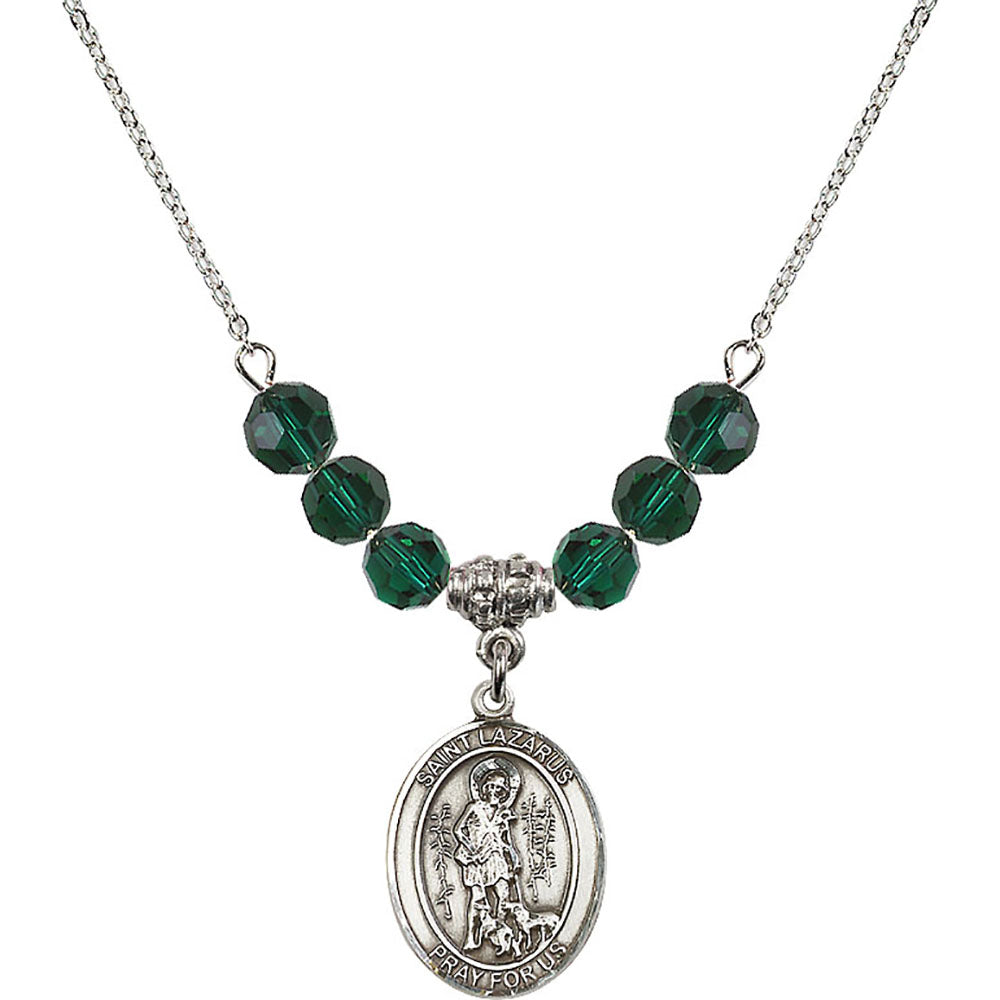 Sterling Silver Saint Lazarus Birthstone Necklace with Emerald Beads - 8066