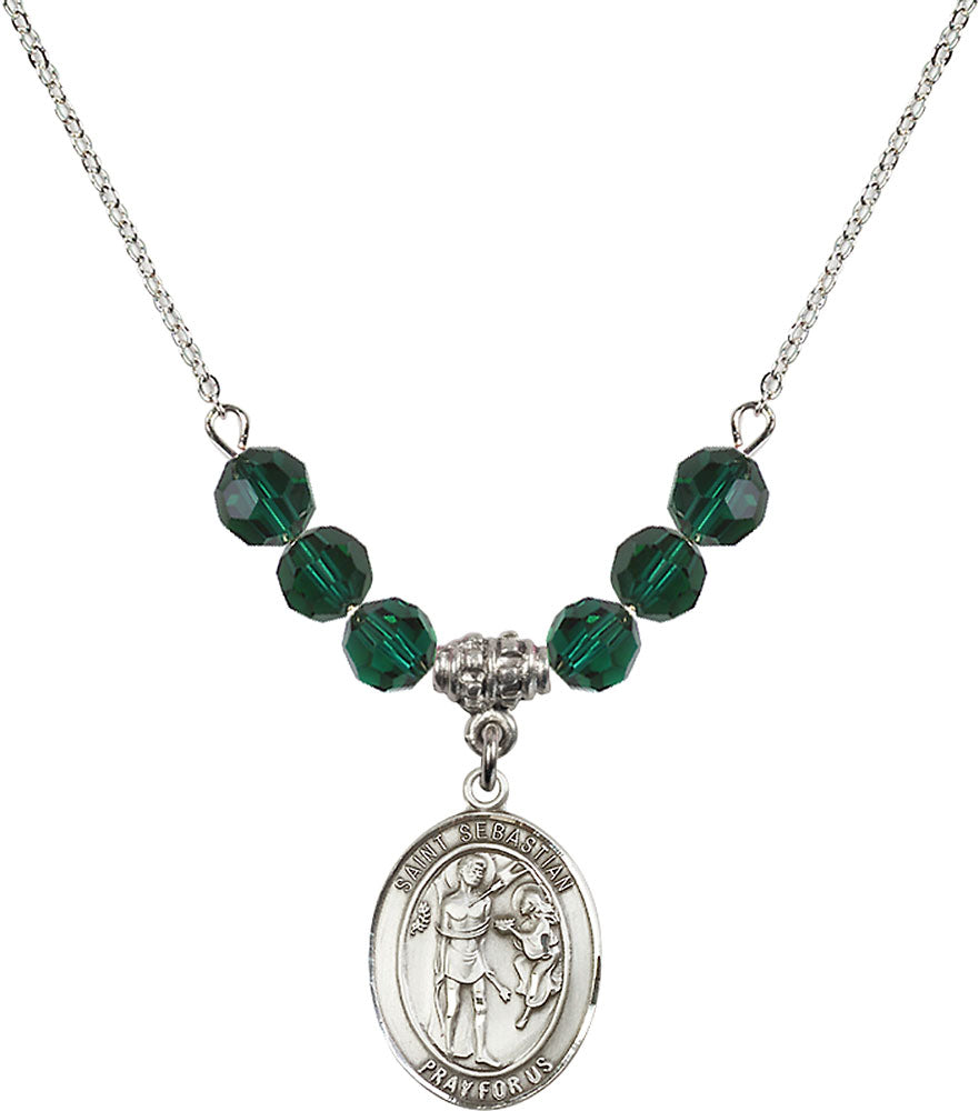 Sterling Silver Saint Sebastian Birthstone Necklace with Emerald Beads - 8100