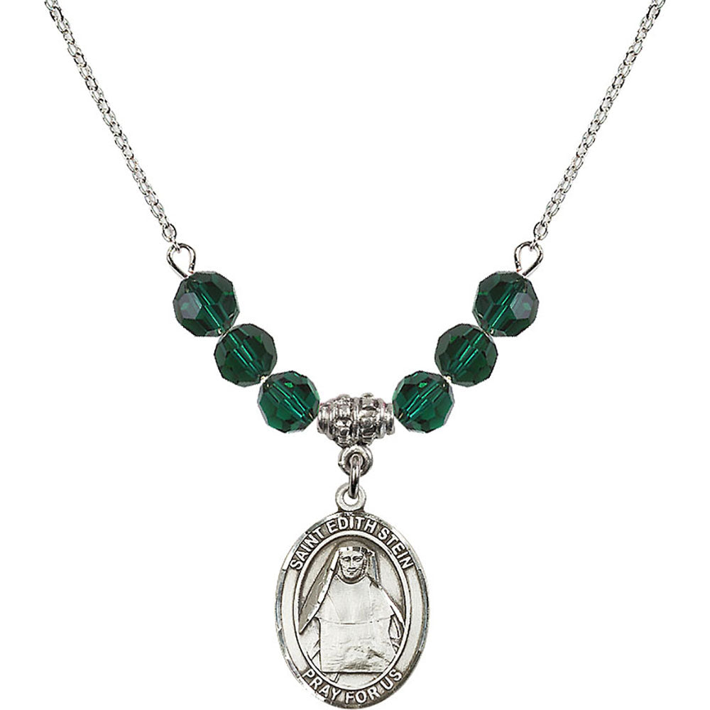 Sterling Silver Saint Edith Stein Birthstone Necklace with Emerald Beads - 8103