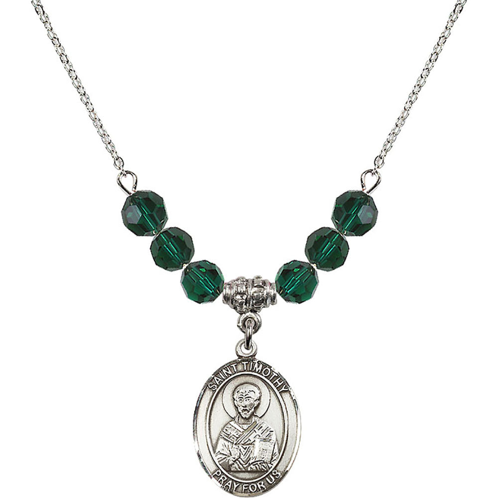 Sterling Silver Saint Timothy Birthstone Necklace with Emerald Beads - 8105