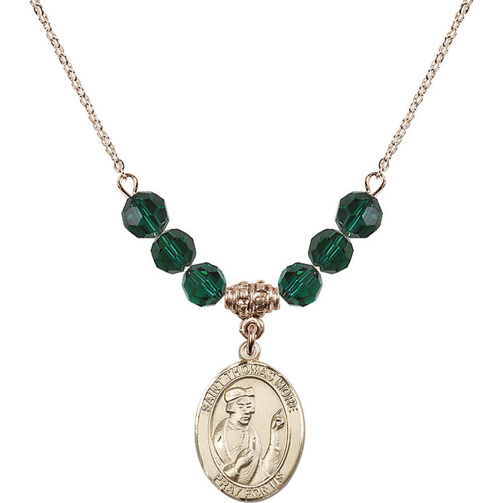 14kt Gold Filled Saint Thomas More Birthstone Necklace with Emerald Beads - 8109