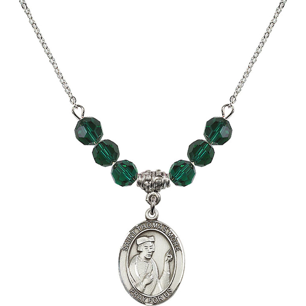 Sterling Silver Saint Thomas More Birthstone Necklace with Emerald Beads - 8109
