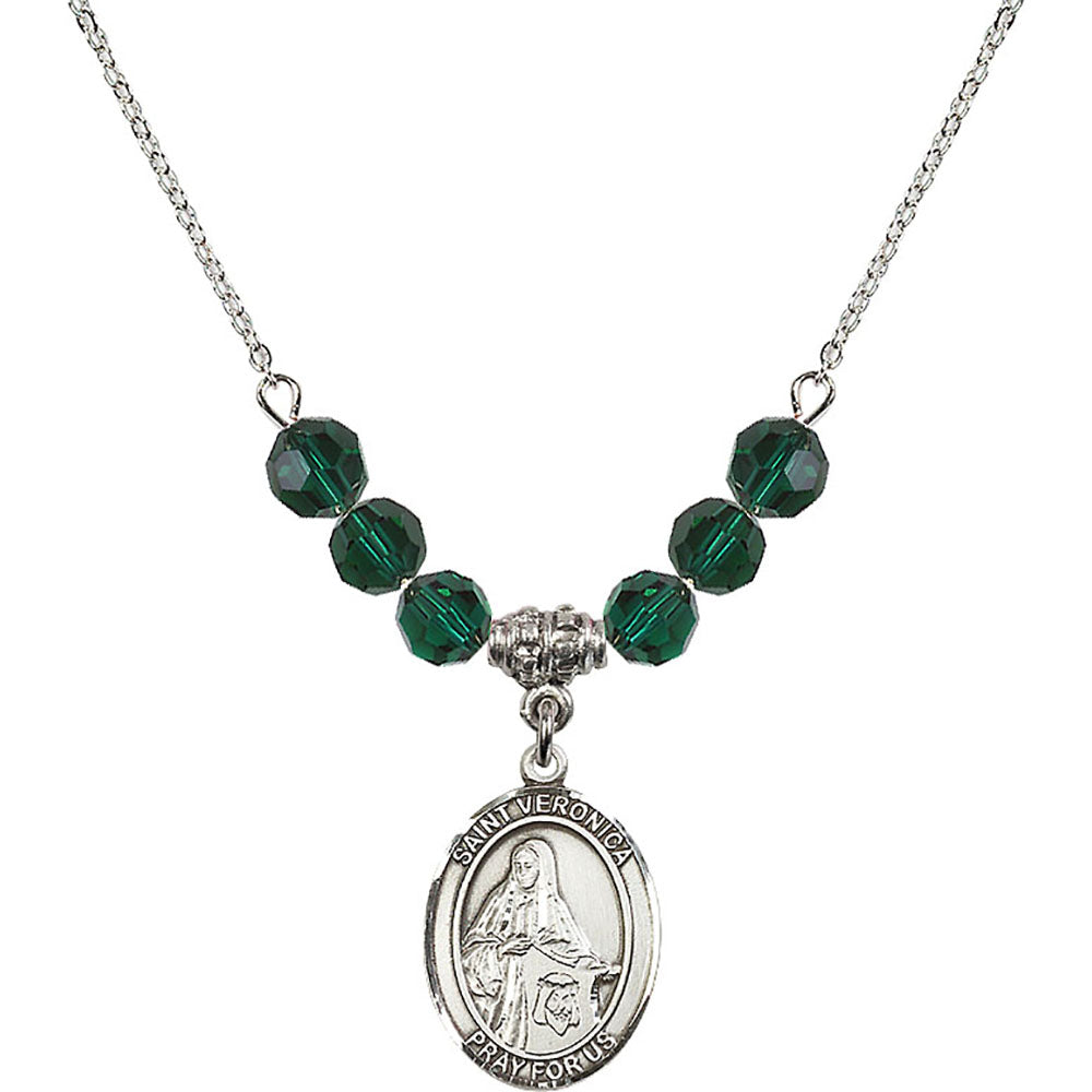 Sterling Silver Saint Veronica Birthstone Necklace with Emerald Beads - 8110