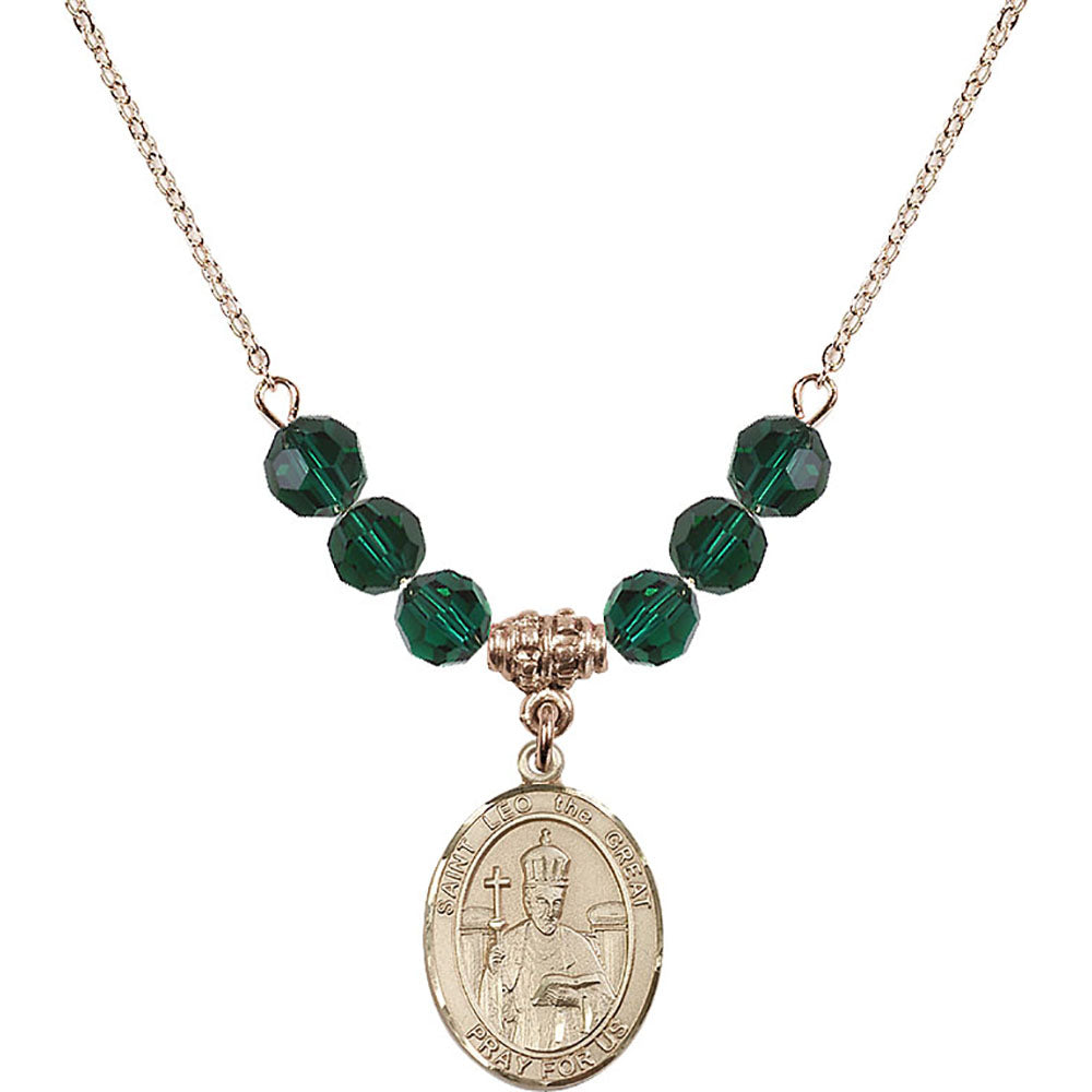 14kt Gold Filled Saint Leo the Great Birthstone Necklace with Emerald Beads - 8120
