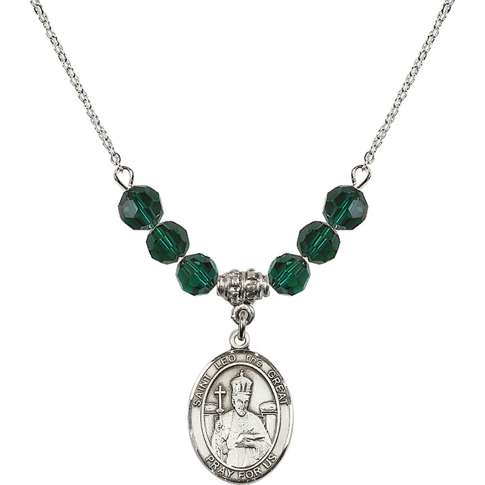 Sterling Silver Saint Leo the Great Birthstone Necklace with Emerald Beads - 8120