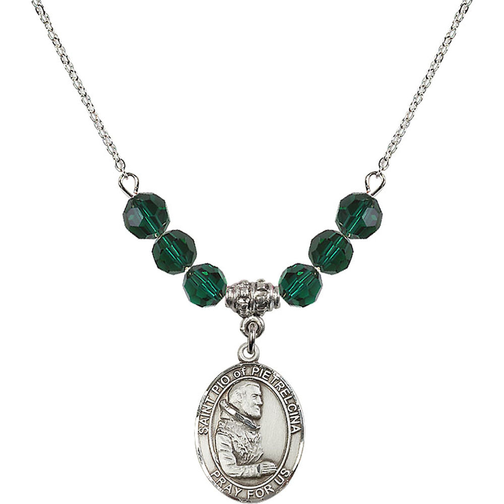 Sterling Silver Saint Pio of Pietrelcina Birthstone Necklace with Emerald Beads - 8125