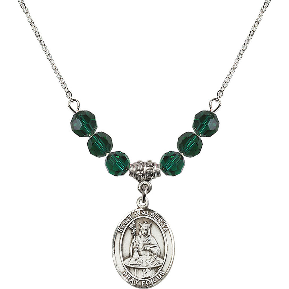 Sterling Silver Saint Walburga Birthstone Necklace with Emerald Beads - 8126