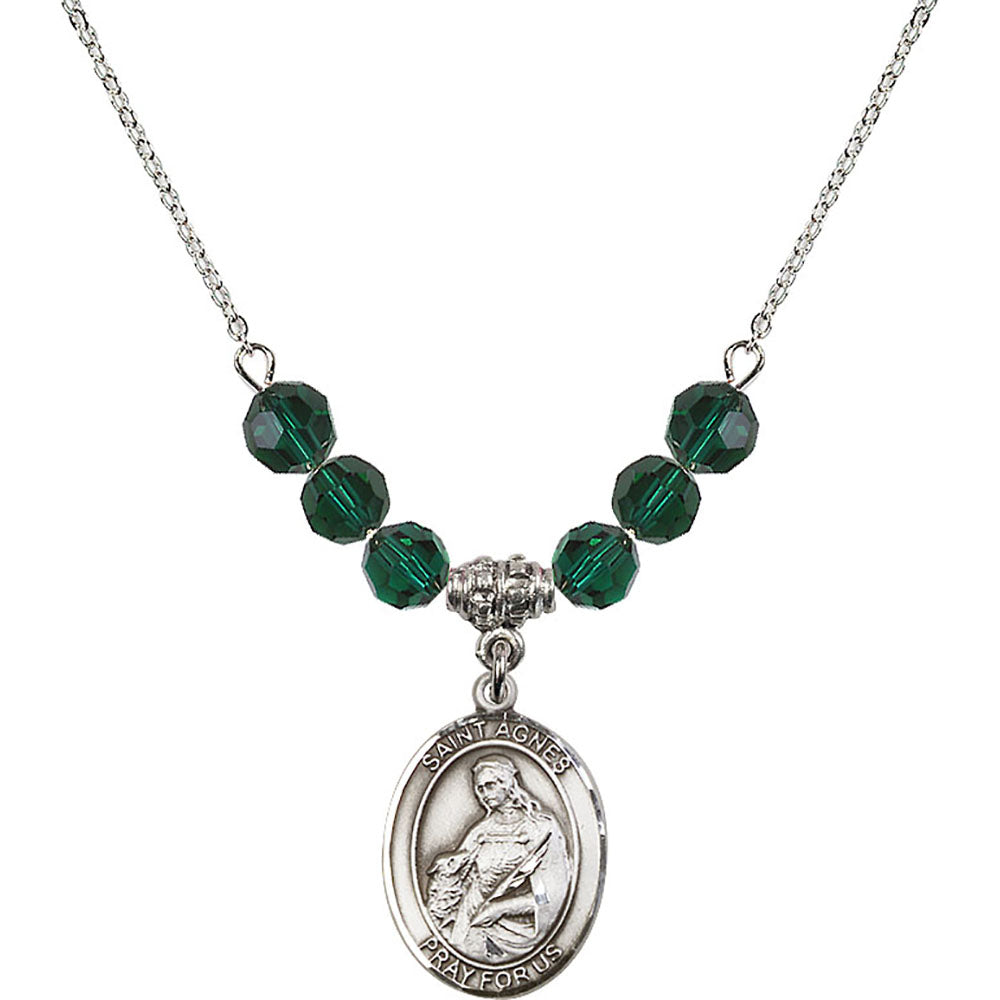 Sterling Silver Saint Agnes of Rome Birthstone Necklace with Emerald Beads - 8128