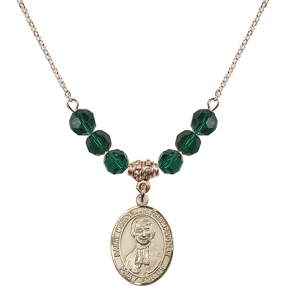 14kt Gold Filled Saint Marcellin Champagnat Birthstone Necklace with Emerald Beads - 8131
