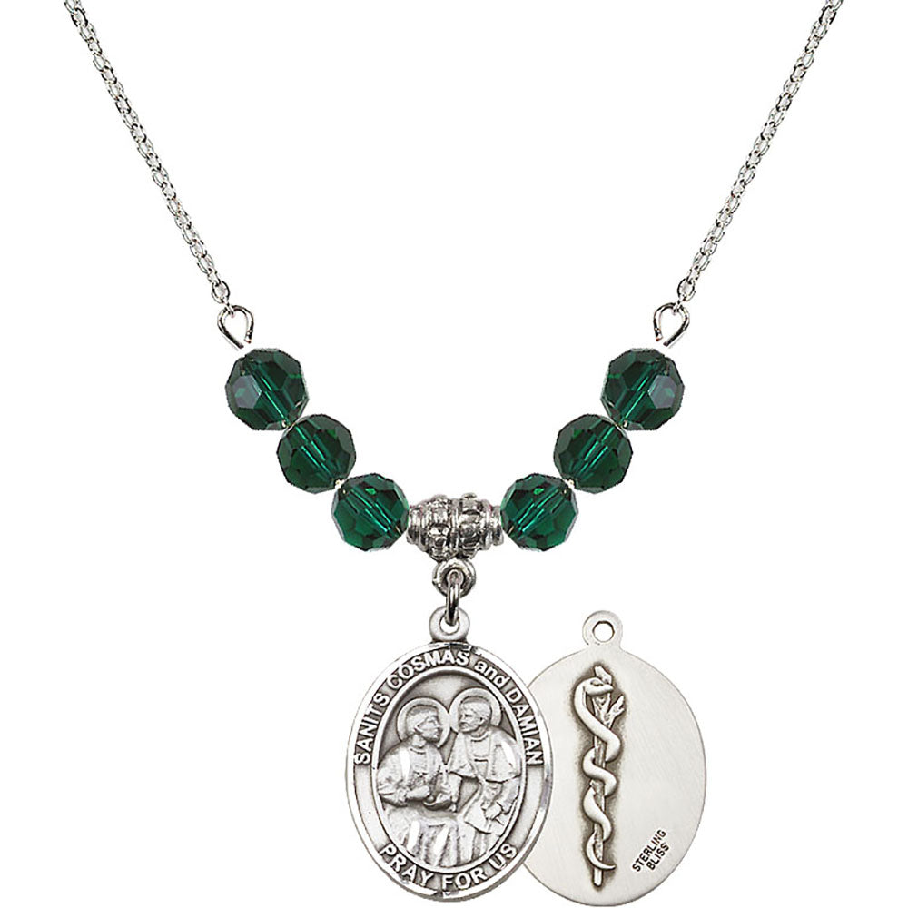 Sterling Silver Saints Cosmas & Damian / Doctors Birthstone Necklace with Emerald Beads - 8132