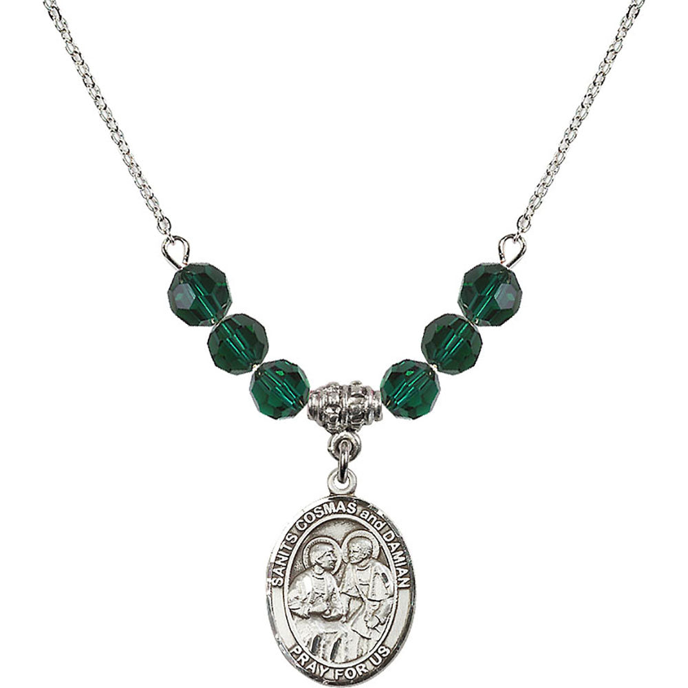 Sterling Silver Saints Cosmas & Damian Birthstone Necklace with Emerald Beads - 8132
