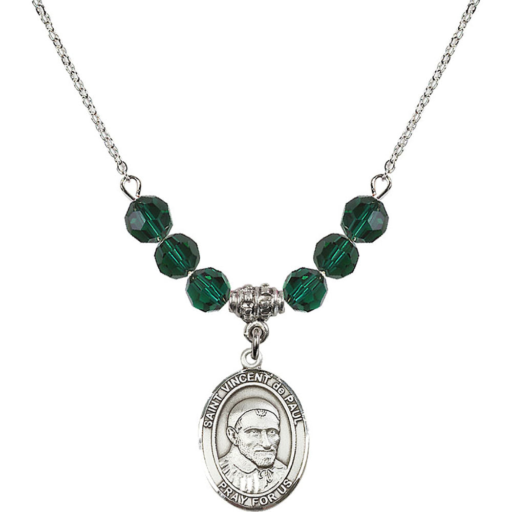 Sterling Silver Saint Vincent De Paul Birthstone Necklace with Emerald Beads - 8134