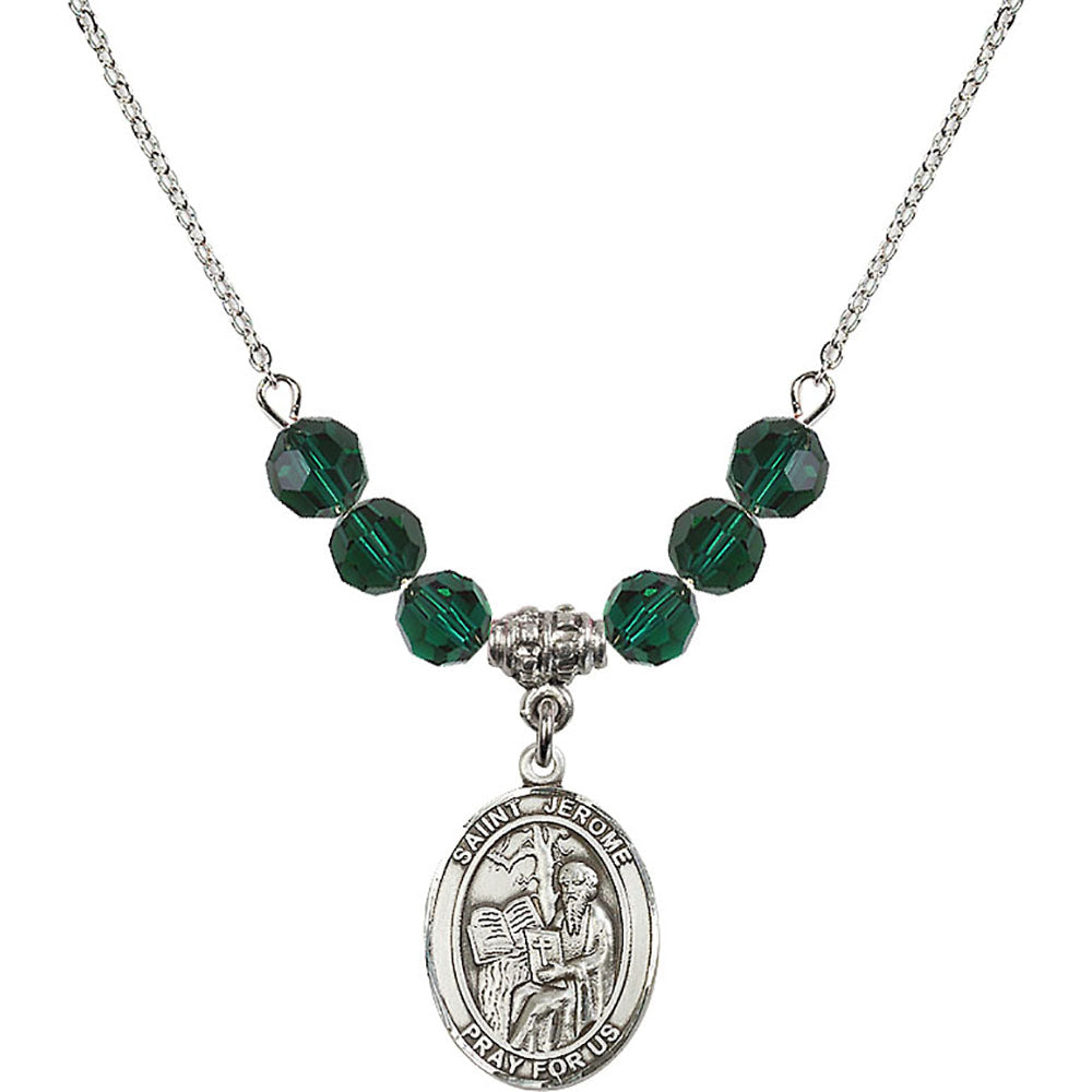 Sterling Silver Saint Jerome Birthstone Necklace with Emerald Beads - 8135