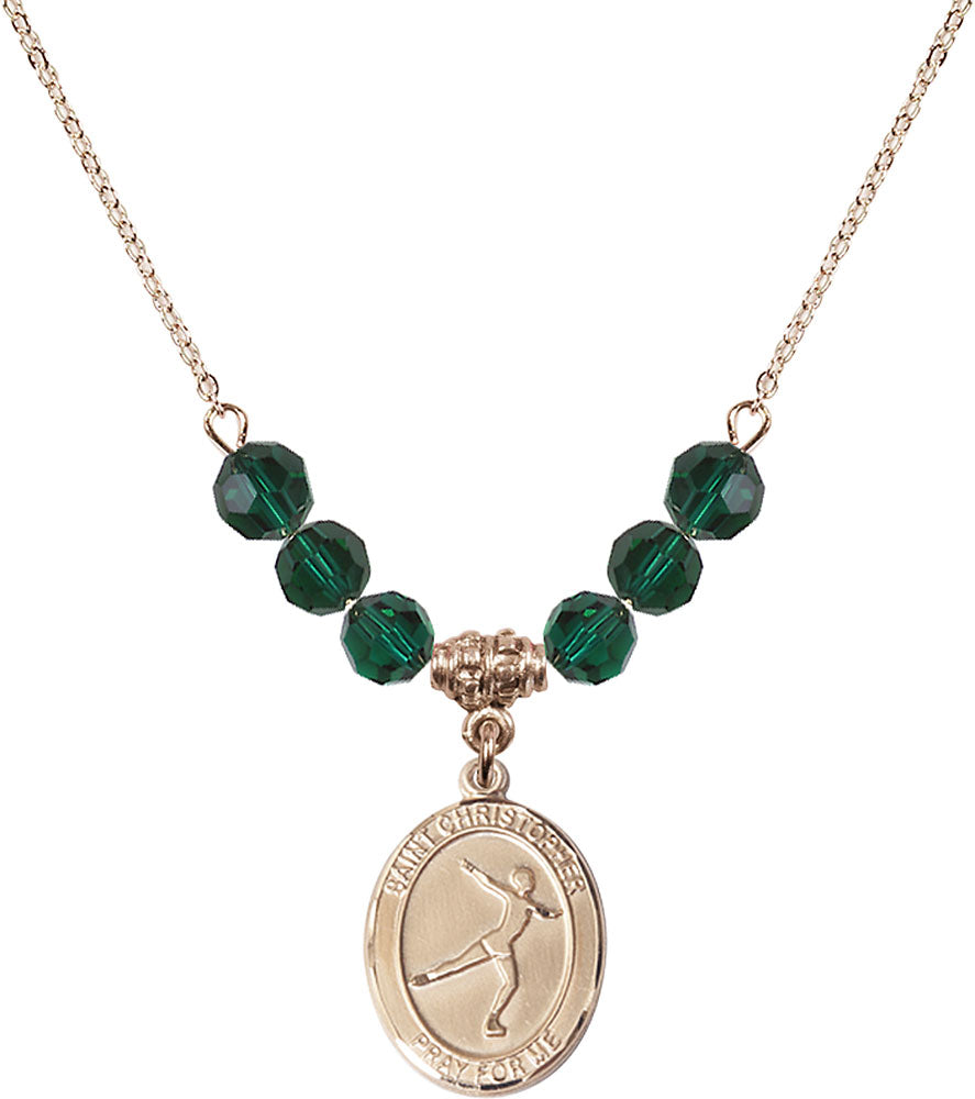 14kt Gold Filled Saint Christopher/Figure Skating Birthstone Necklace with Emerald Beads - 8139