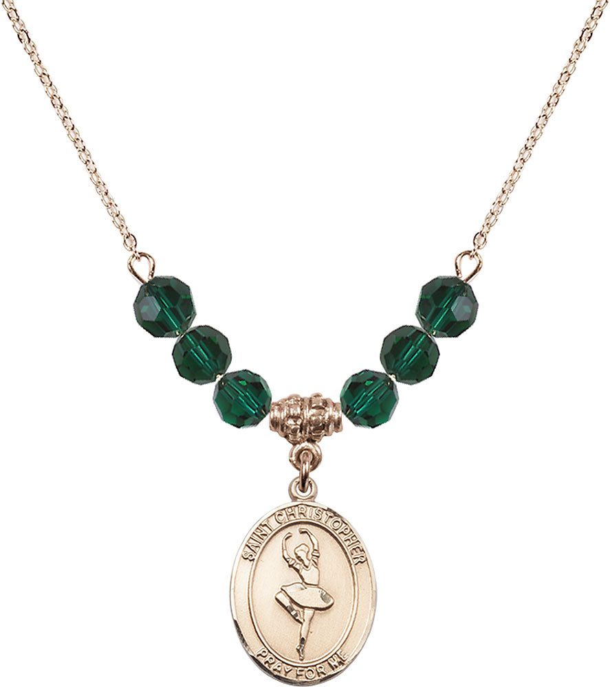 14kt Gold Filled Saint Christopher/Dance Birthstone Necklace with Emerald Beads - 8143