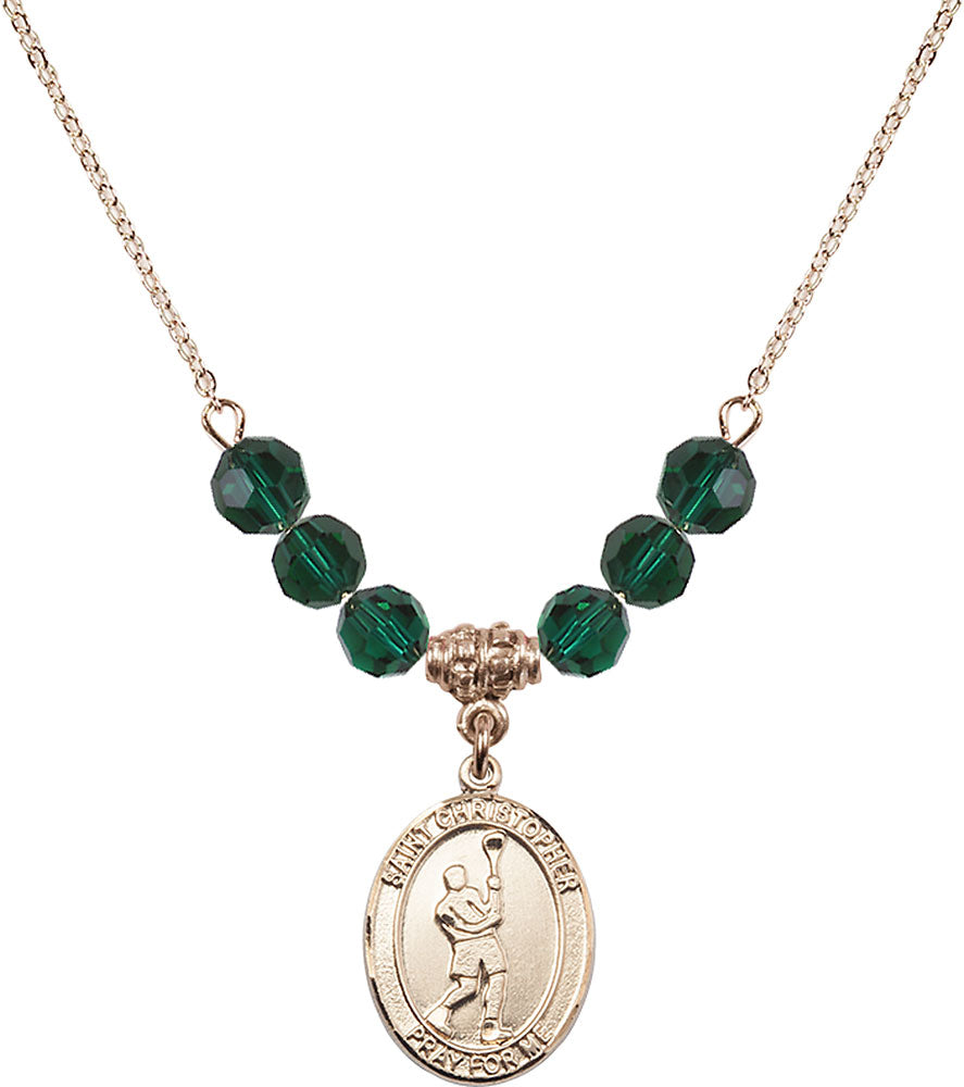 14kt Gold Filled Saint Christopher/Lacrosse Birthstone Necklace with Emerald Beads - 8144