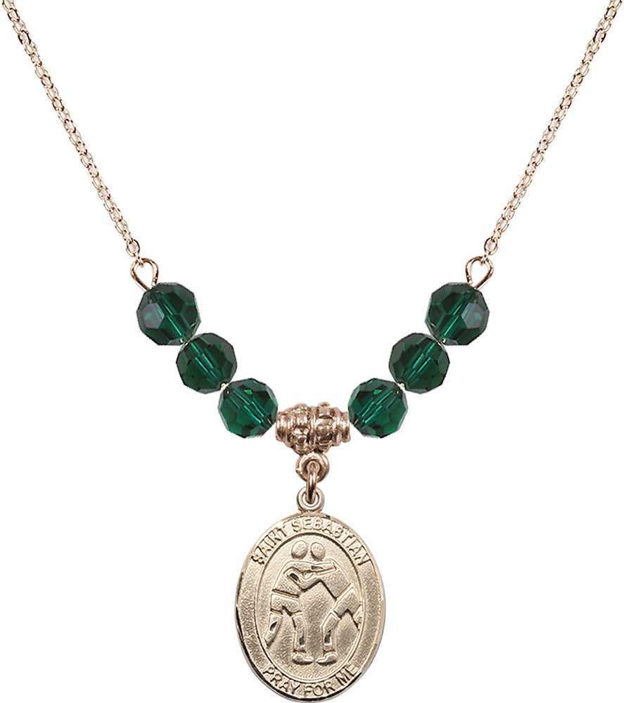14kt Gold Filled Saint Sebastian/Wrestling Birthstone Necklace with Emerald Beads - 8171