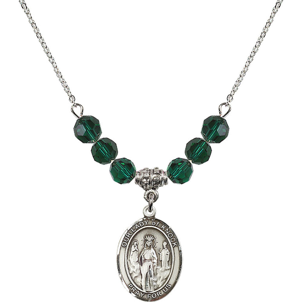Sterling Silver Our Lady of Knock Birthstone Necklace with Emerald Beads - 8246