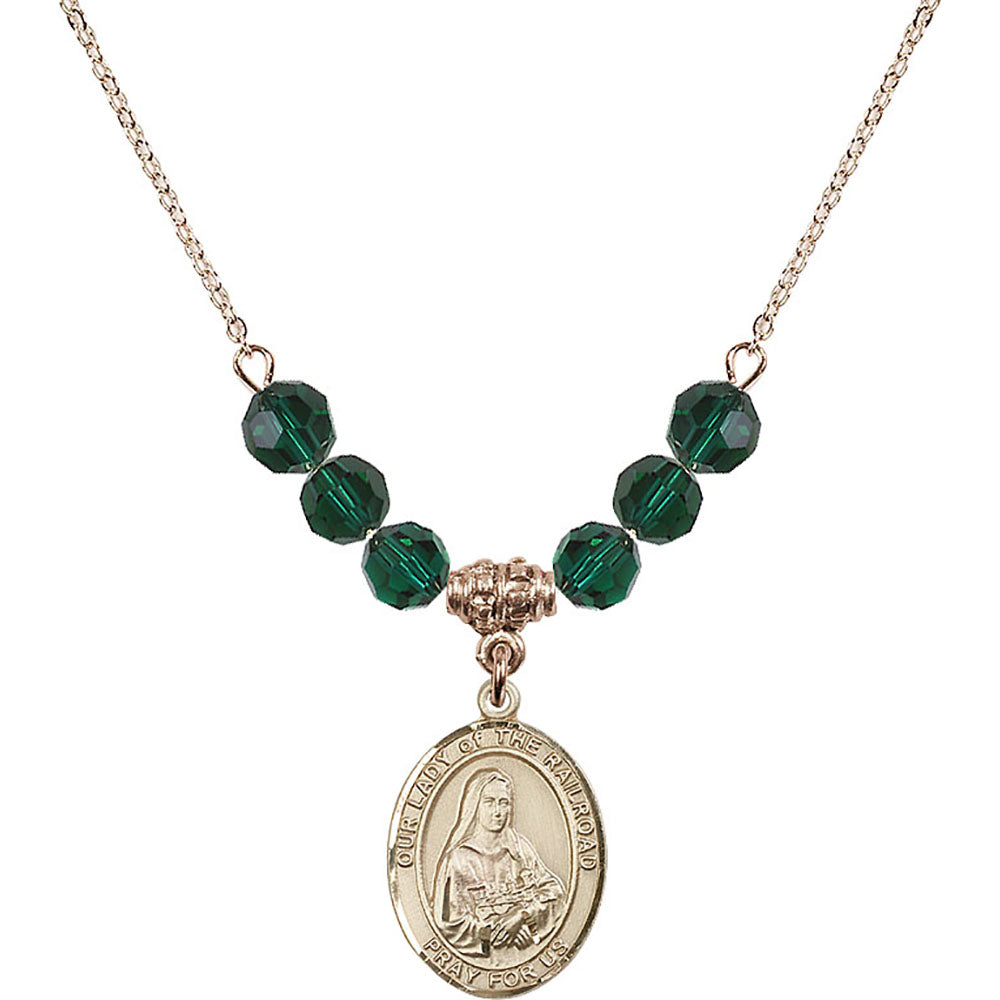 14kt Gold Filled Our Lady of the Railroad Birthstone Necklace with Emerald Beads - 8247