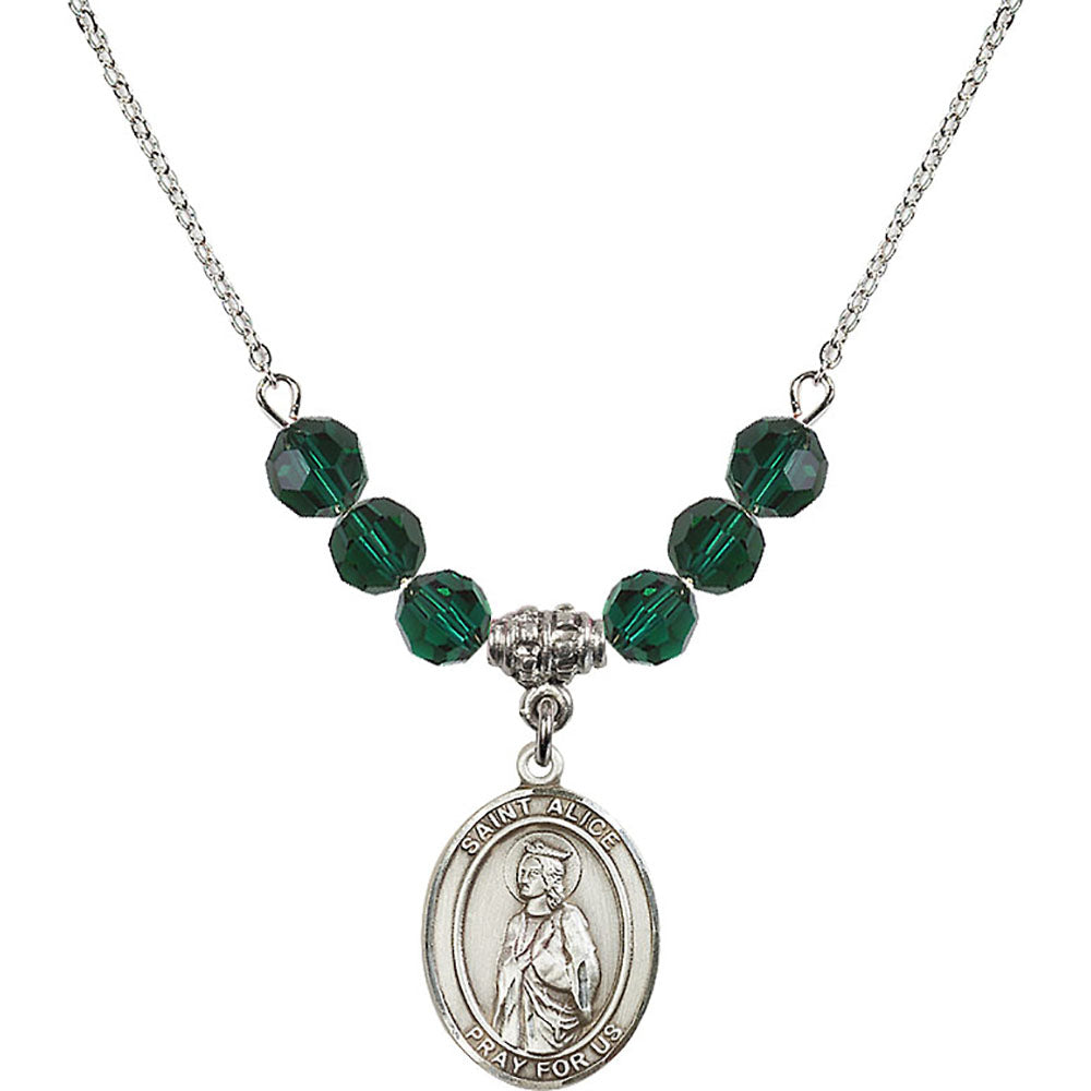 Sterling Silver Saint Alice Birthstone Necklace with Emerald Beads - 8248
