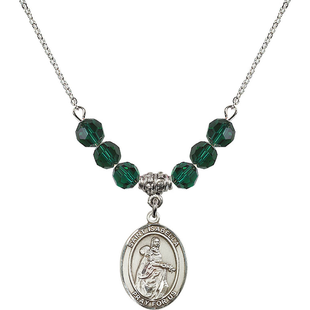 Sterling Silver Saint Isabella of Portugal Birthstone Necklace with Emerald Beads - 8250