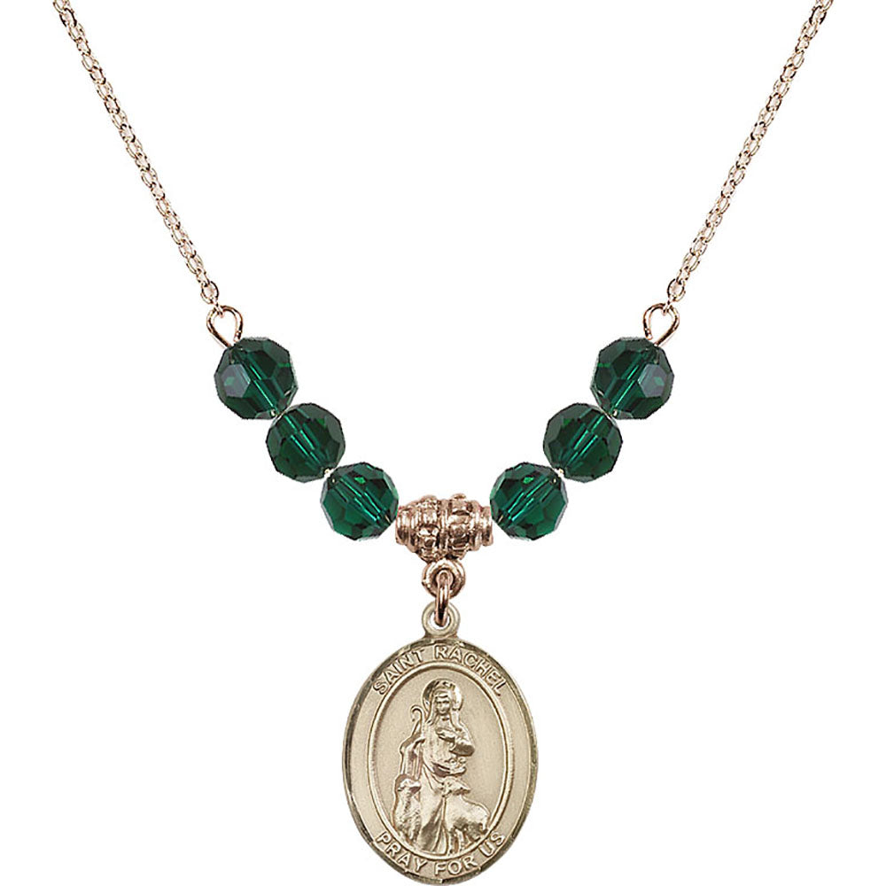 14kt Gold Filled Saint Rachel Birthstone Necklace with Emerald Beads - 8251