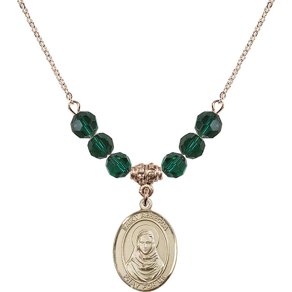 14kt Gold Filled Saint Rebecca Birthstone Necklace with Emerald Beads - 8252