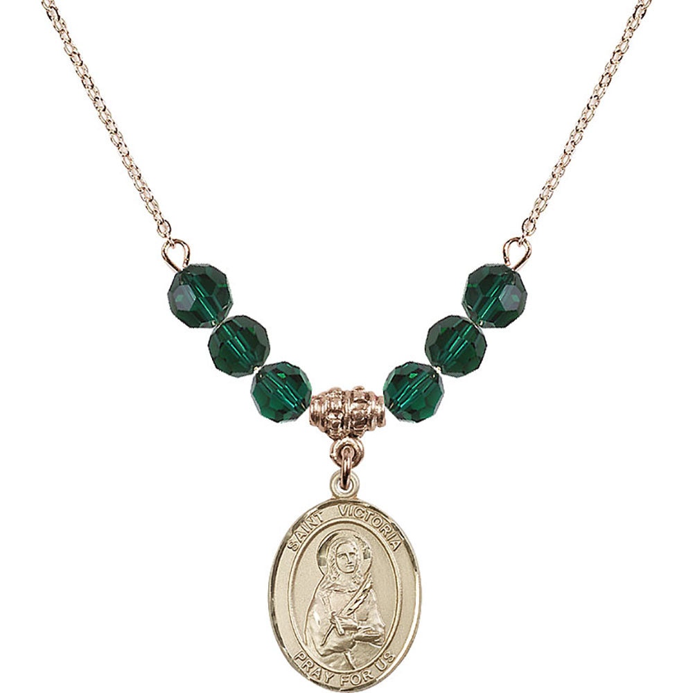 14kt Gold Filled Saint Victoria Birthstone Necklace with Emerald Beads - 8253