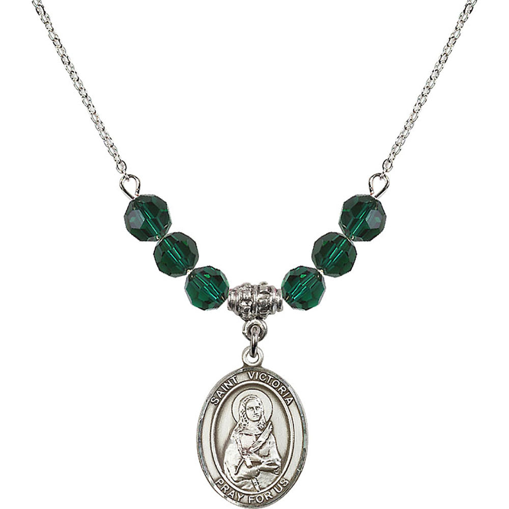 Sterling Silver Saint Victoria Birthstone Necklace with Emerald Beads - 8253