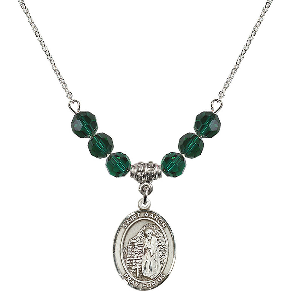 Sterling Silver Saint Aaron Birthstone Necklace with Emerald Beads - 8254