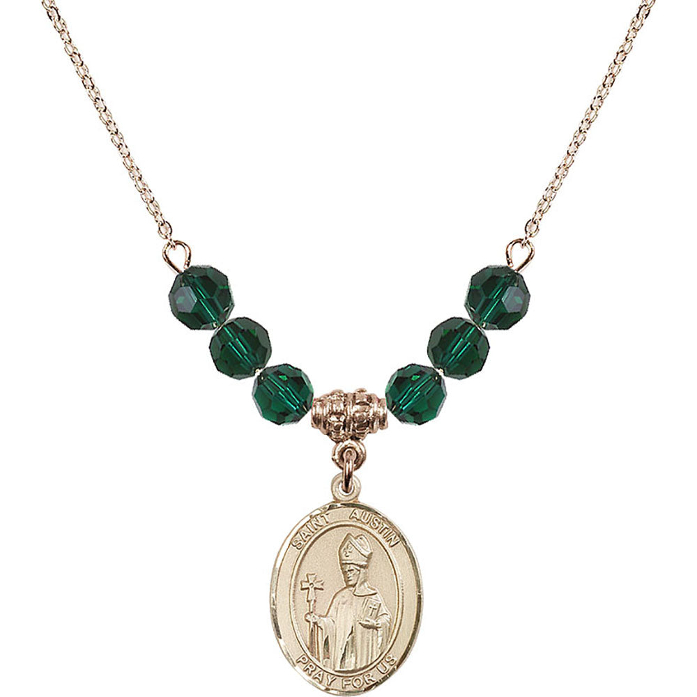 14kt Gold Filled Saint Austin Birthstone Necklace with Emerald Beads - 8256