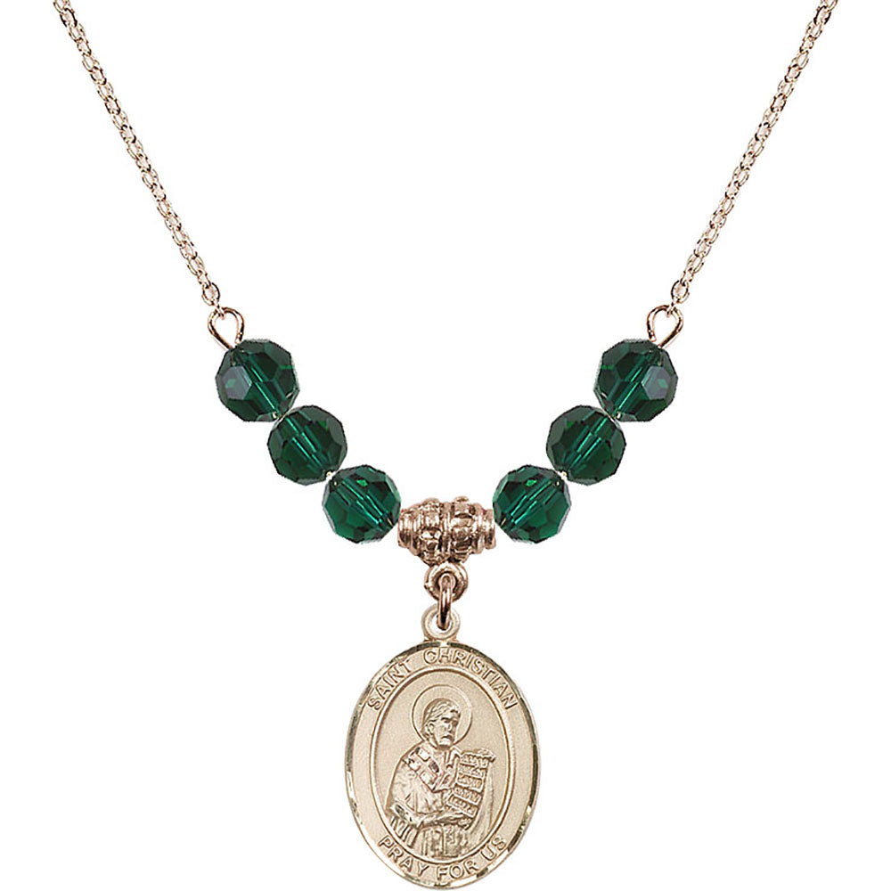 14kt Gold Filled Saint Christian Demosthenes Birthstone Necklace with Emerald Beads - 8257