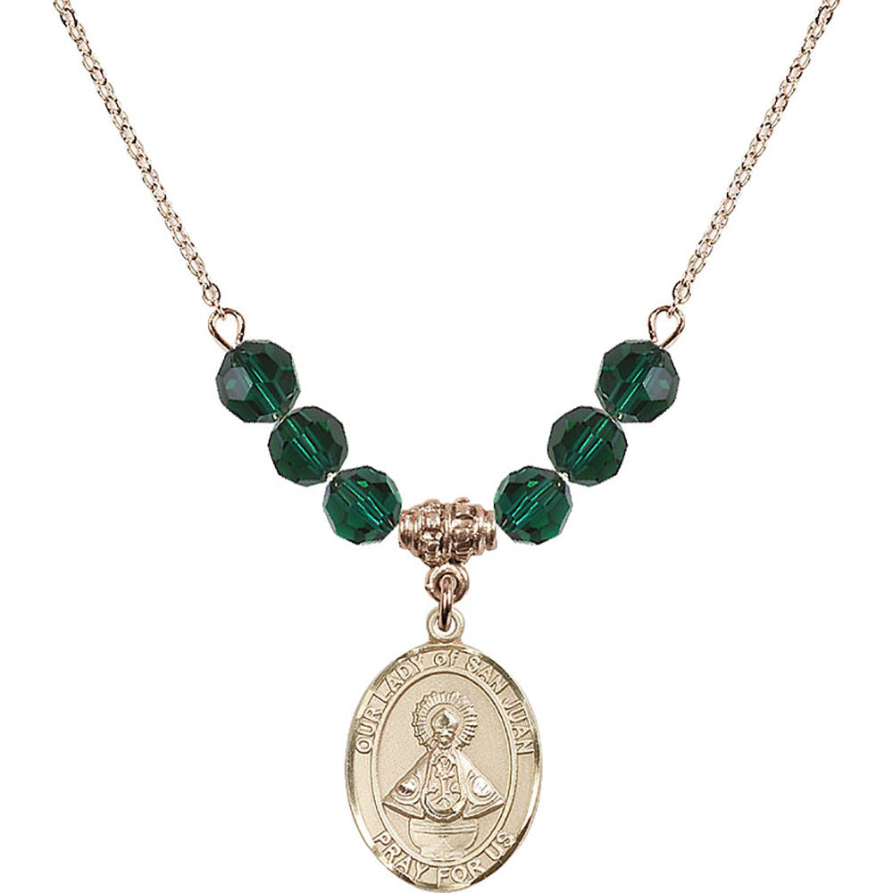 14kt Gold Filled Our Lady of San Juan Birthstone Necklace with Emerald Beads - 8263