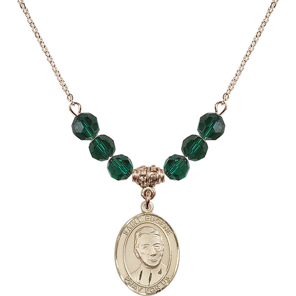 14kt Gold Filled Saint Eugene de Mazenod Birthstone Necklace with Emerald Beads - 8266