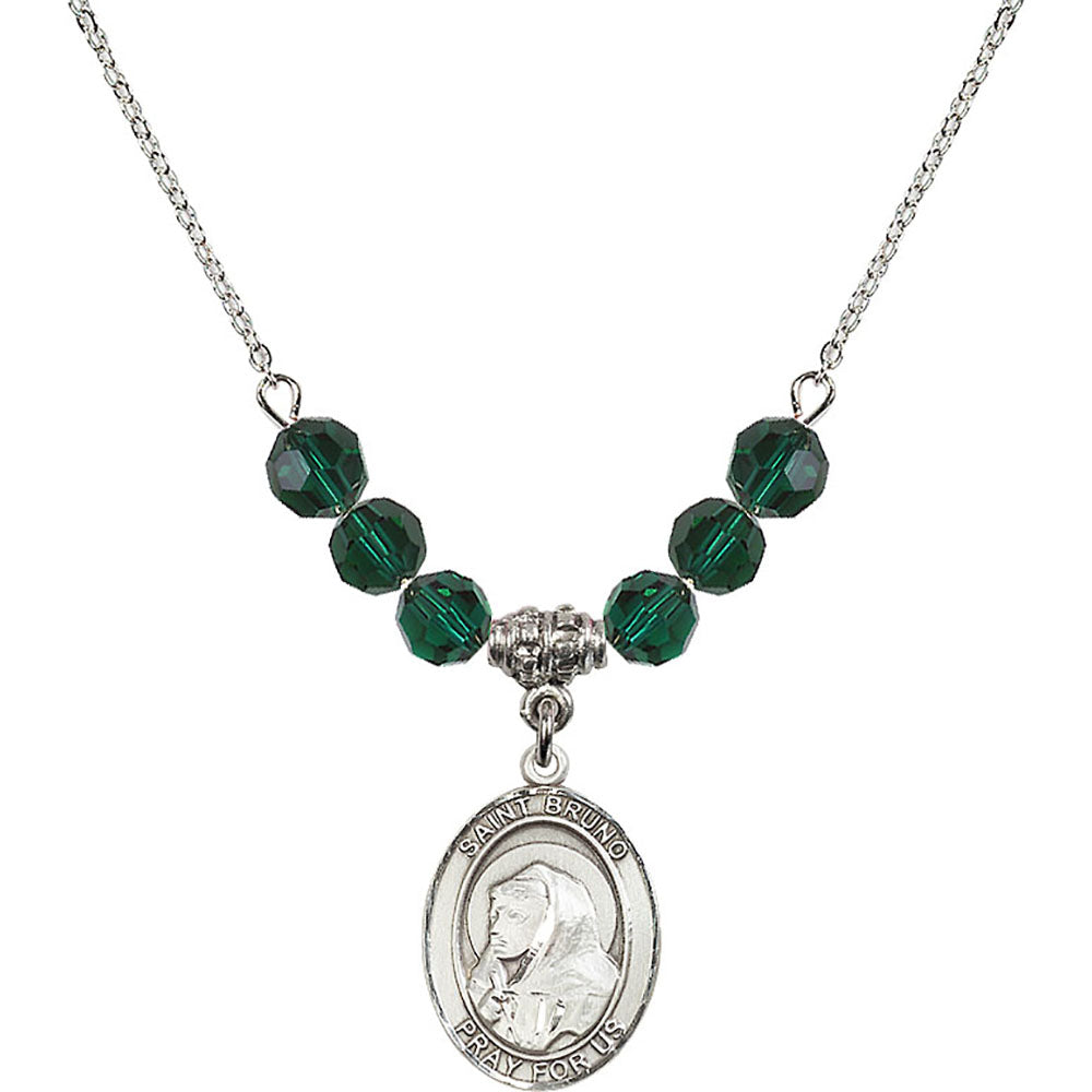 Sterling Silver Saint Bruno Birthstone Necklace with Emerald Beads - 8270