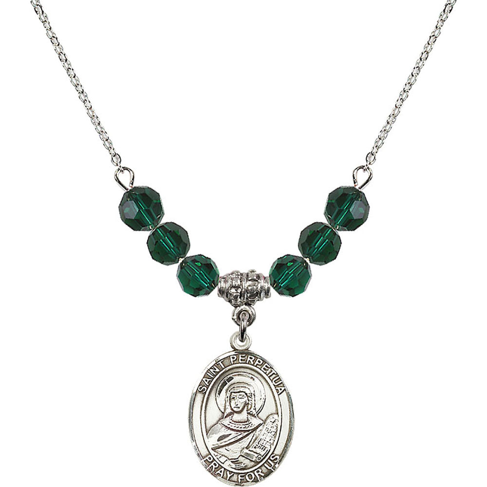 Sterling Silver Saint Perpetua Birthstone Necklace with Emerald Beads - 8272