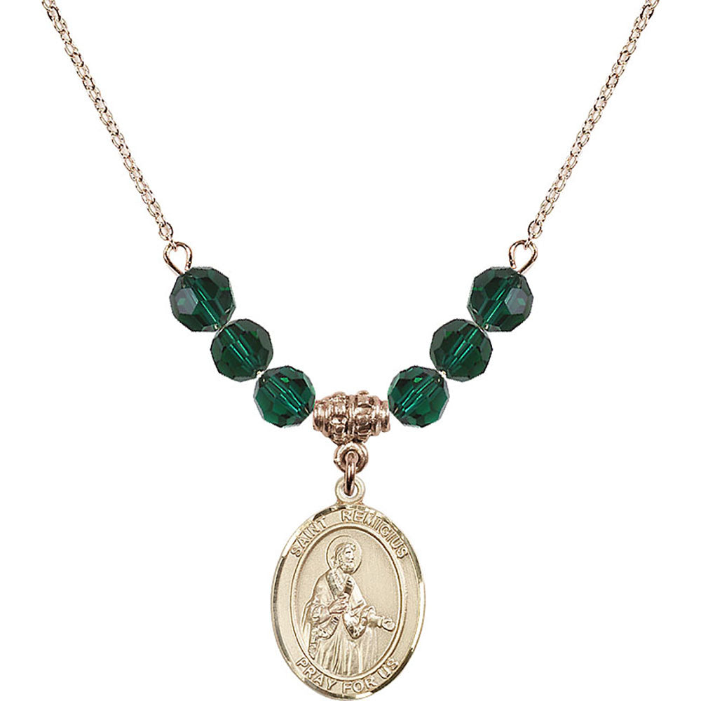 14kt Gold Filled Saint Remigius of Reims Birthstone Necklace with Emerald Beads - 8274