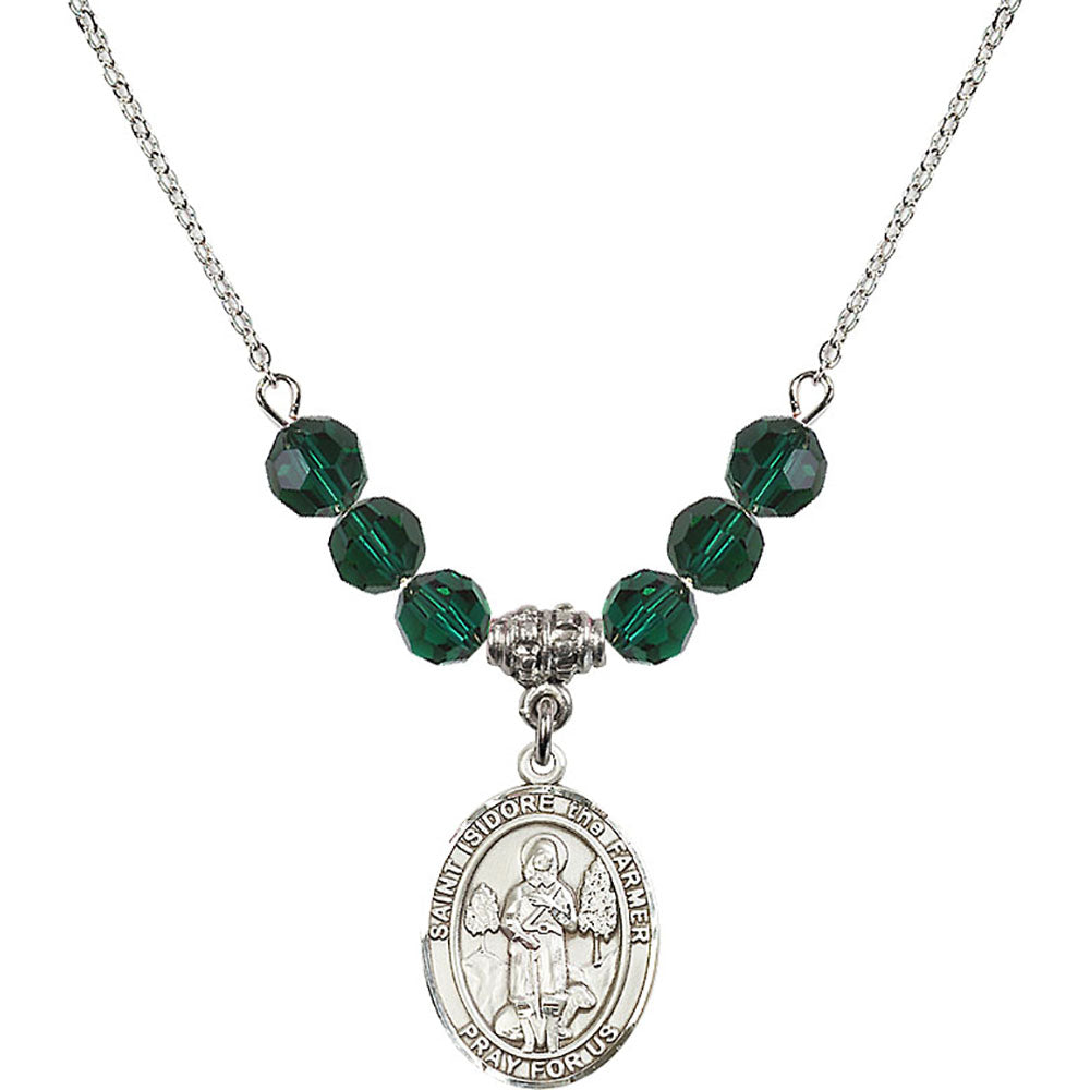 Sterling Silver Saint Isidore the Farmer Birthstone Necklace with Emerald Beads - 8276