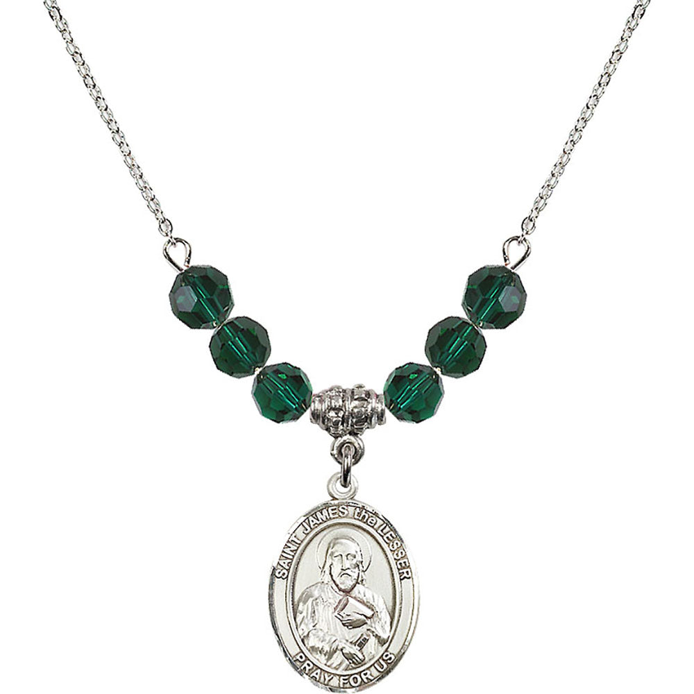 Sterling Silver Saint James the Lesser Birthstone Necklace with Emerald Beads - 8277