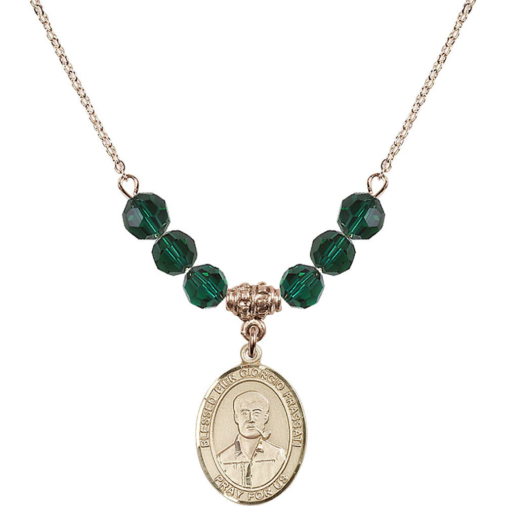 14kt Gold Filled Blessed Pier Giorgio Frassati Birthstone Necklace with Emerald Beads - 8278
