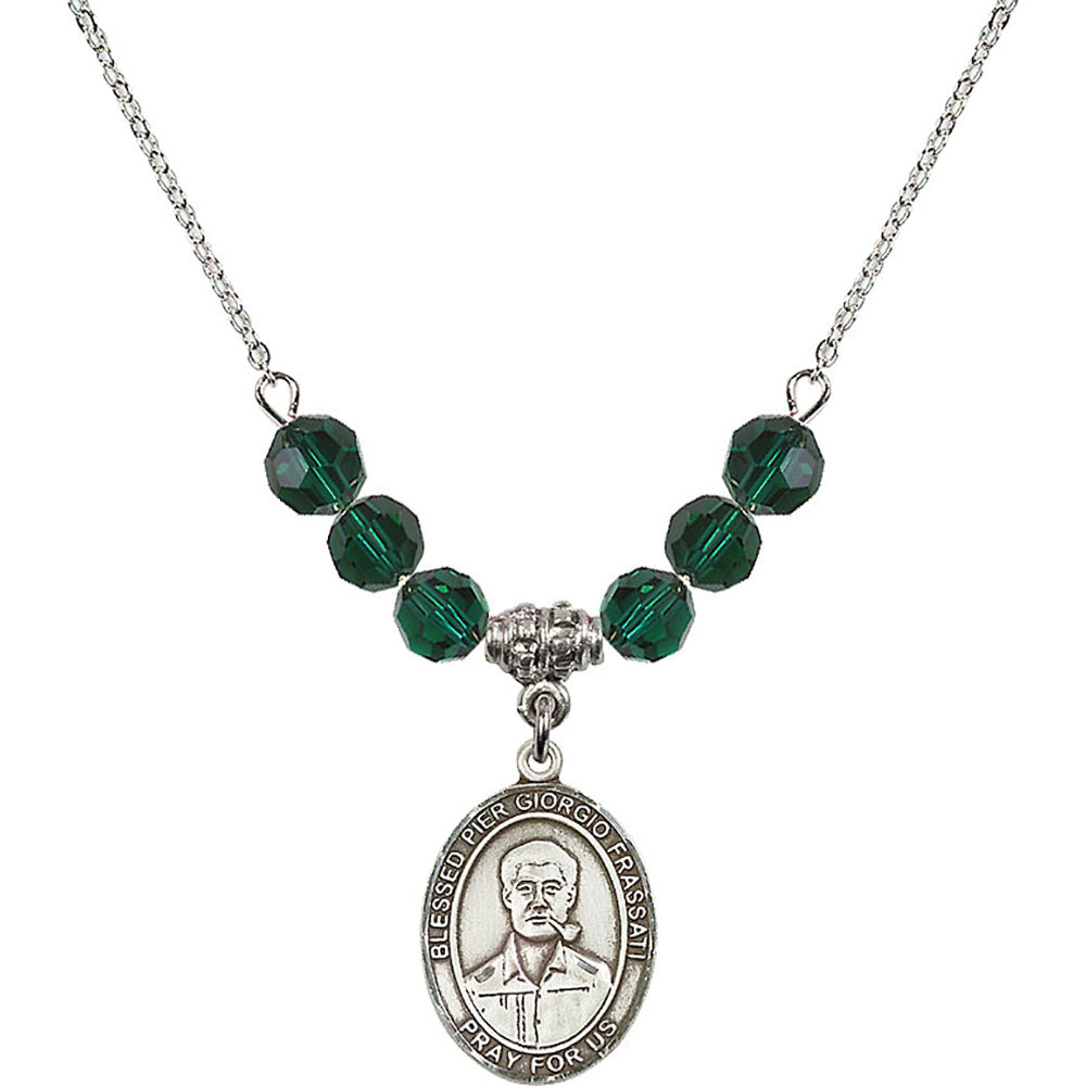 Sterling Silver Blessed Pier Giorgio Frassati Birthstone Necklace with Emerald Beads - 8278