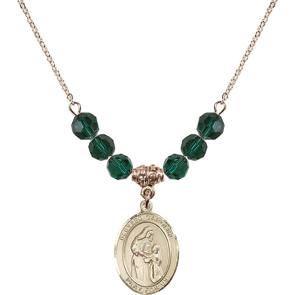 14kt Gold Filled Blessed Caroline Gerhardinger Birthstone Necklace with Emerald Beads - 8281