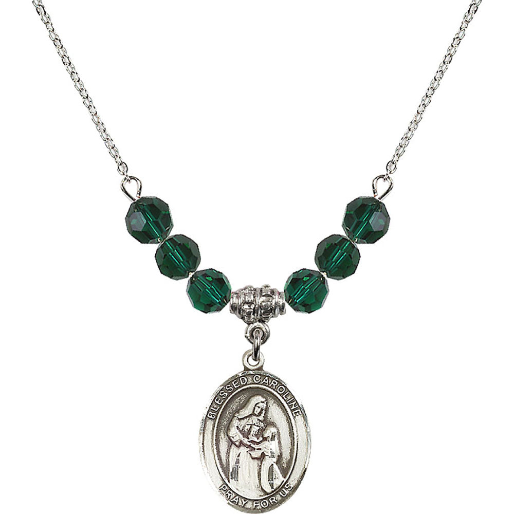 Sterling Silver Blessed Caroline Gerhardinger Birthstone Necklace with Emerald Beads - 8281