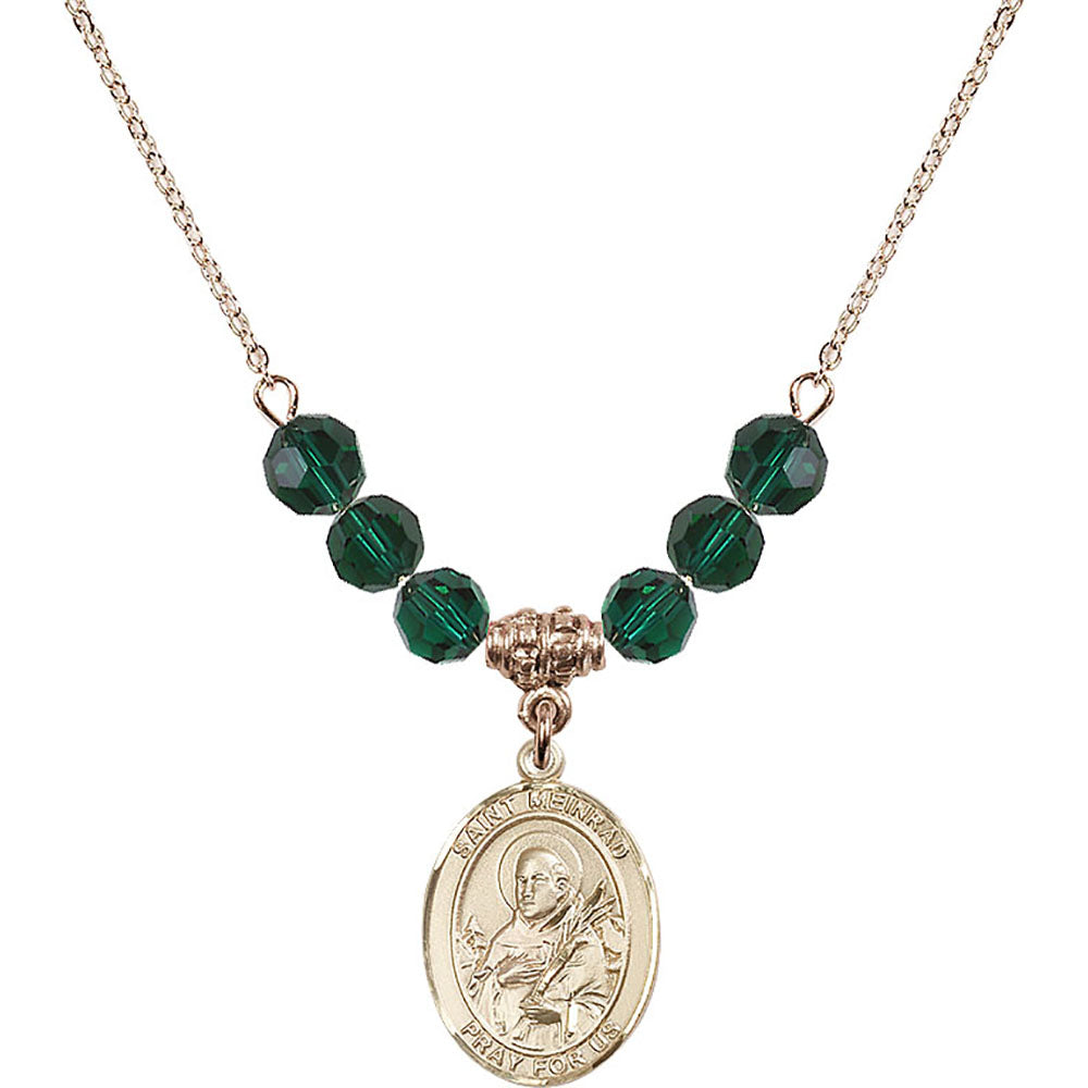 14kt Gold Filled Saint Meinrad of Einsiedeln Birthstone Necklace with Emerald Beads - 8307
