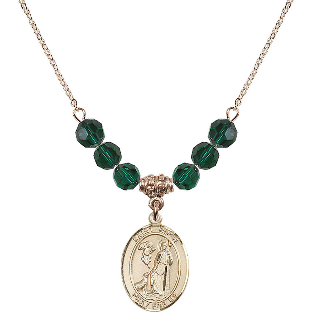 14kt Gold Filled Saint Roch Birthstone Necklace with Emerald Beads - 8310